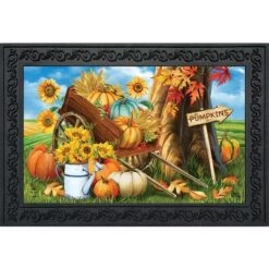 Pumpkin Cart Autumn Doormat Sunflowers Watering Can 30" X 18" Briarwood Lane