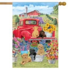 Spring Day Puppies House Flag Red Pickup Truck Floral 28" X 40" Briarwood Lane