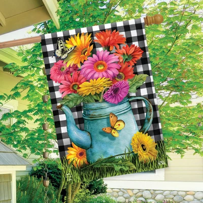 Gerber Daisy Watering Can Spring House Flag Checkered 28" X 40" Briarwood Lane 2 Gerber Daisy Watering Can Spring House Flag Checkered 28" X 40" Briarwood Lane - Image 2