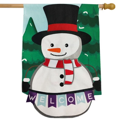Winter Snowman Burlap House Flag Welcome Top Hat 28" X 40" Briarwood Lane 1 Winter Snowman Burlap House Flag Welcome Top Hat 28" X 40" Briarwood Lane