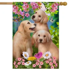 Springtime Pups Floral House Flag Dogs Puppies 28" X 40" Briarwood Lane