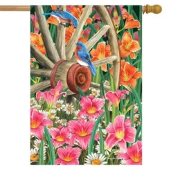Wagon Wheel Floral Spring House Flag Bluebirds 28" X 40" Briarwood Lane