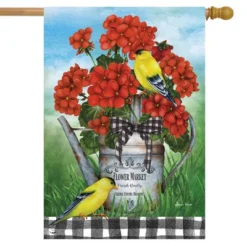 Geranium Watering Can Summer House Flag Goldfinches Birds 28" X 40" Briarwood Lane