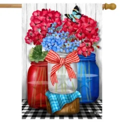 Red White And Blue Jars Floral House Flag Patriotic Checkered 28" X 40" Briarwood Lane