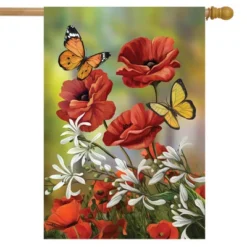 Hello Spring Butterflies Floral House Flag Poppies 28" X 40" Briarwood Lane