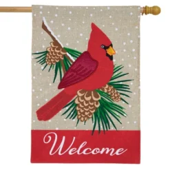 Briarwood Lane Cardinal Winter Burlap House Flag Welcome Pinecone