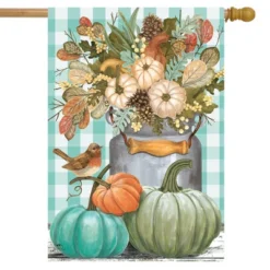 Pastel Pumpkins Fall House Flag Checkered Floral Autumn 28" X 40" Briarwood Lane