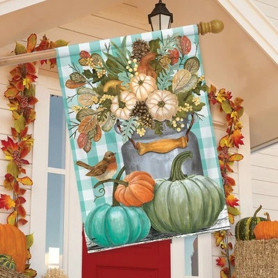 Pastel Pumpkins Fall House Flag Checkered Floral Autumn 28" X 40" Briarwood Lane 2 Pastel Pumpkins Fall House Flag Checkered Floral Autumn 28" X 40" Briarwood Lane - Image 2