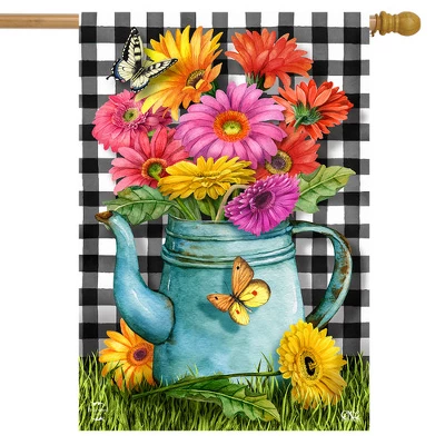 Gerber Daisy Watering Can Spring House Flag Checkered 28" X 40" Briarwood Lane 1 Gerber Daisy Watering Can Spring House Flag Checkered 28" X 40" Briarwood Lane