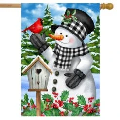 Checkered Snowman Winter House Flag Cardinal Pair Berries 28" X 40" Briarwood Lane