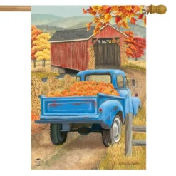 Autumn Bridge Truck House Flag Fall Pumpkins Country 28" X 40" Briarwood Lane